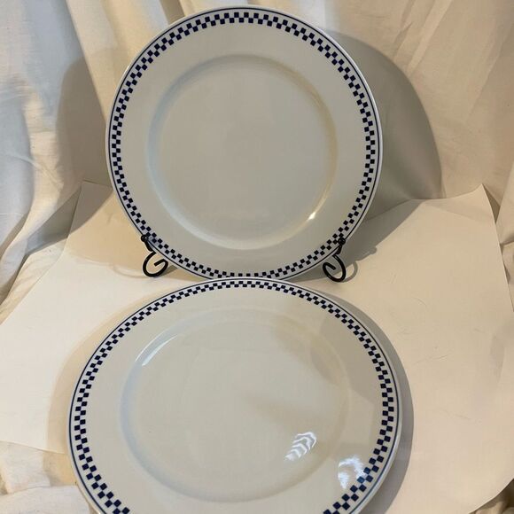 Tognana Blue Check Dinner Plate 10.9" White Italian Porcelain Geometric 2 Pieces - Picture 1 of 7